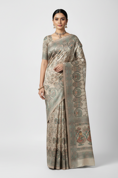 A woman modeling a traditional Indian saree with a beige base and intricate green, brown, and red hand-block printed motifs, set against a plain light gray studio background.