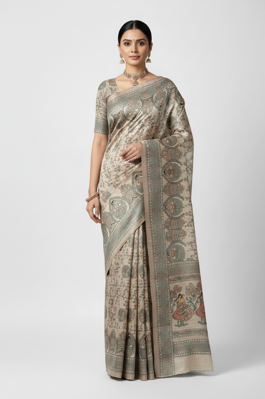 A woman modeling a traditional Indian saree with a beige base and intricate green, brown, and red hand-block printed motifs, set against a plain light gray studio background.