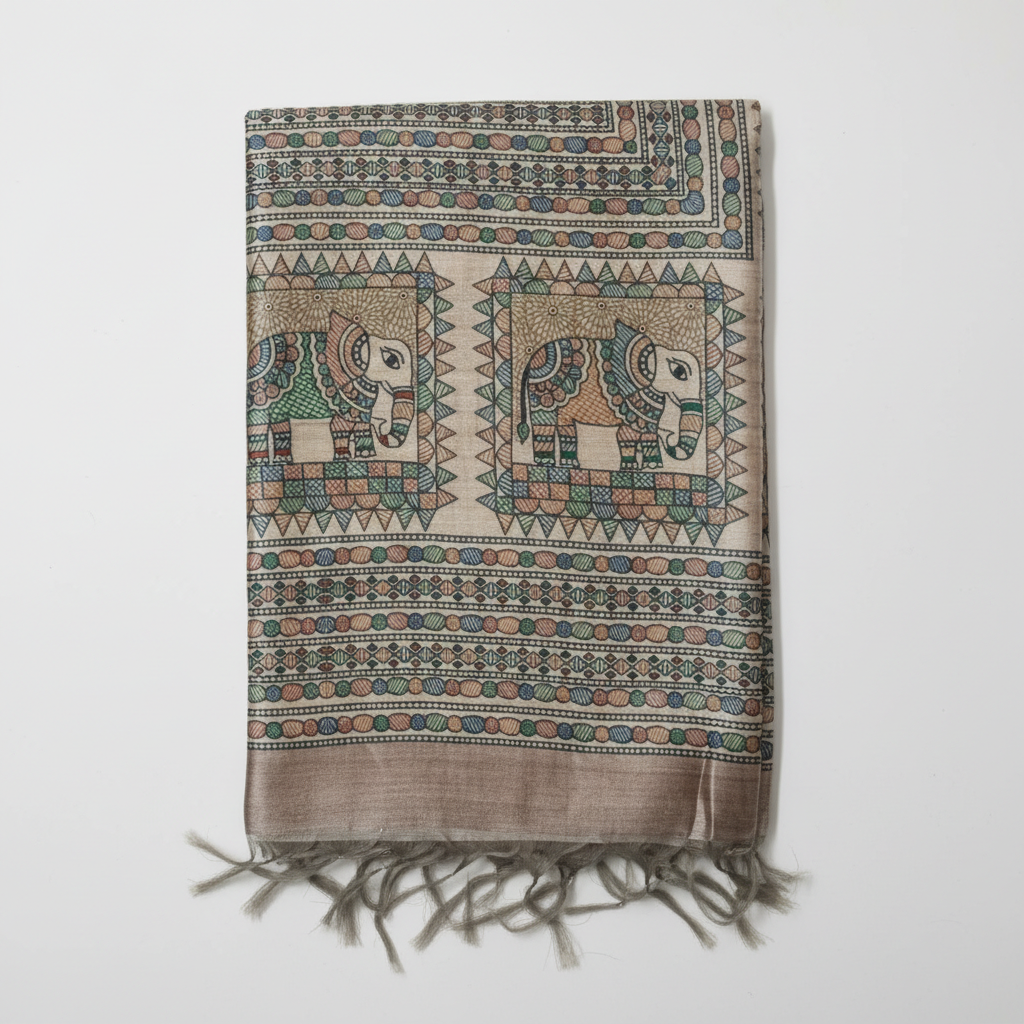 Hand-Painted Madhubani Pure Tussar Silk Saree - Royal Elephant Motif