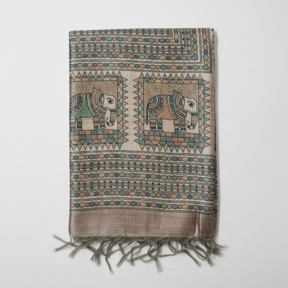 Hand-Painted Madhubani Pure Tussar Silk Saree - Royal Elephant Motif