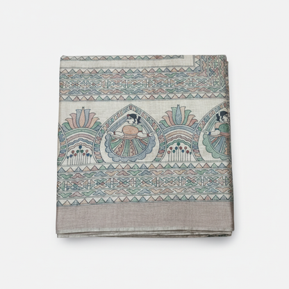 Hand-Painted Madhubani Pure Tussar Silk Saree - Royal Elephant Motif