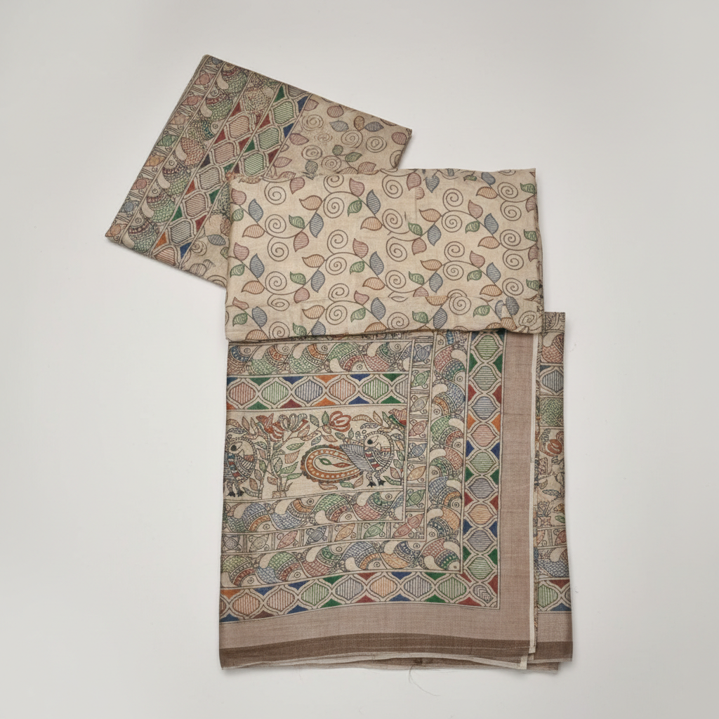 Hand-Painted Madhubani Pure Tussar Silk Saree - Royal Elephant Motif