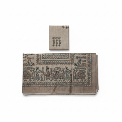 Hand-Painted Madhubani Pure Tussar Silk Saree - Royal Elephant Motif