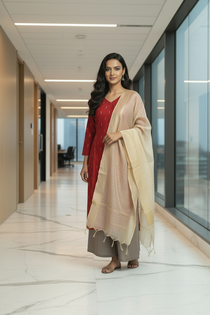 Woman wearing a red patterned dress on a white background