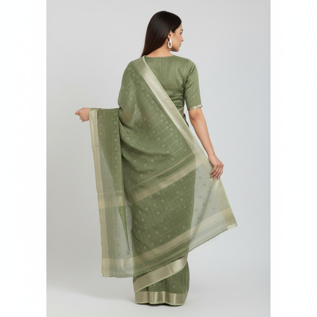 Handloom Linen Saree with Zari Border – Office & Casual Wear for Women