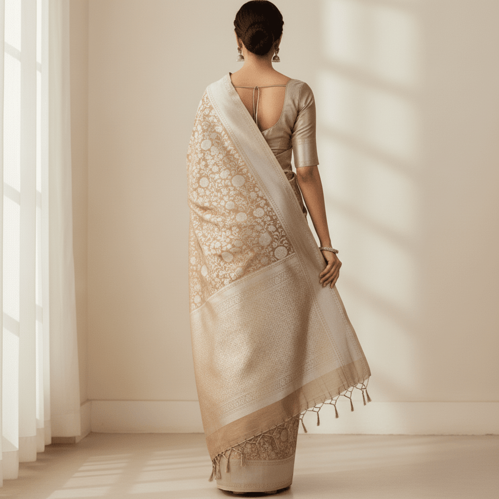 Tissue Silk Saree with Silver Zari Border for Wedding.