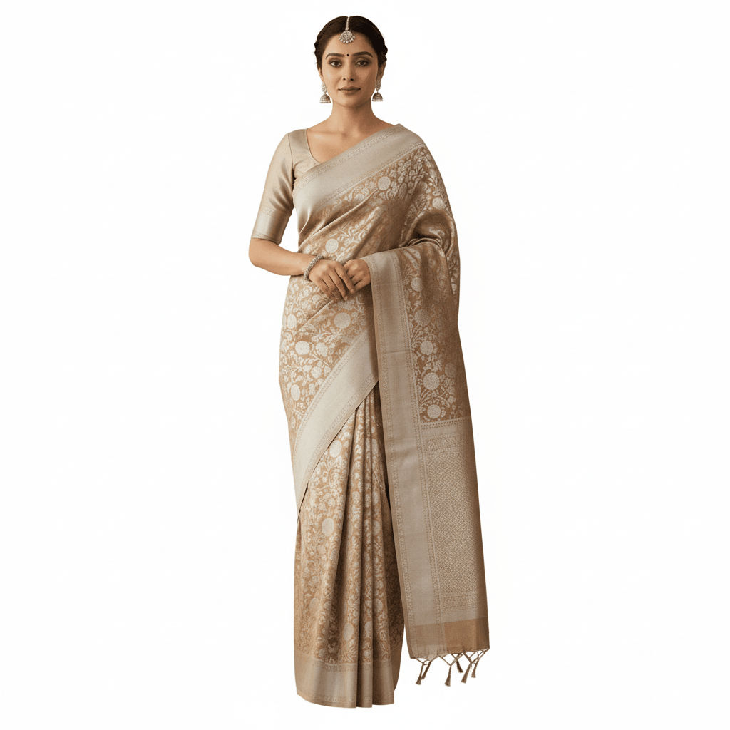 Tissue Silk Saree with Silver Zari Border for Wedding.
