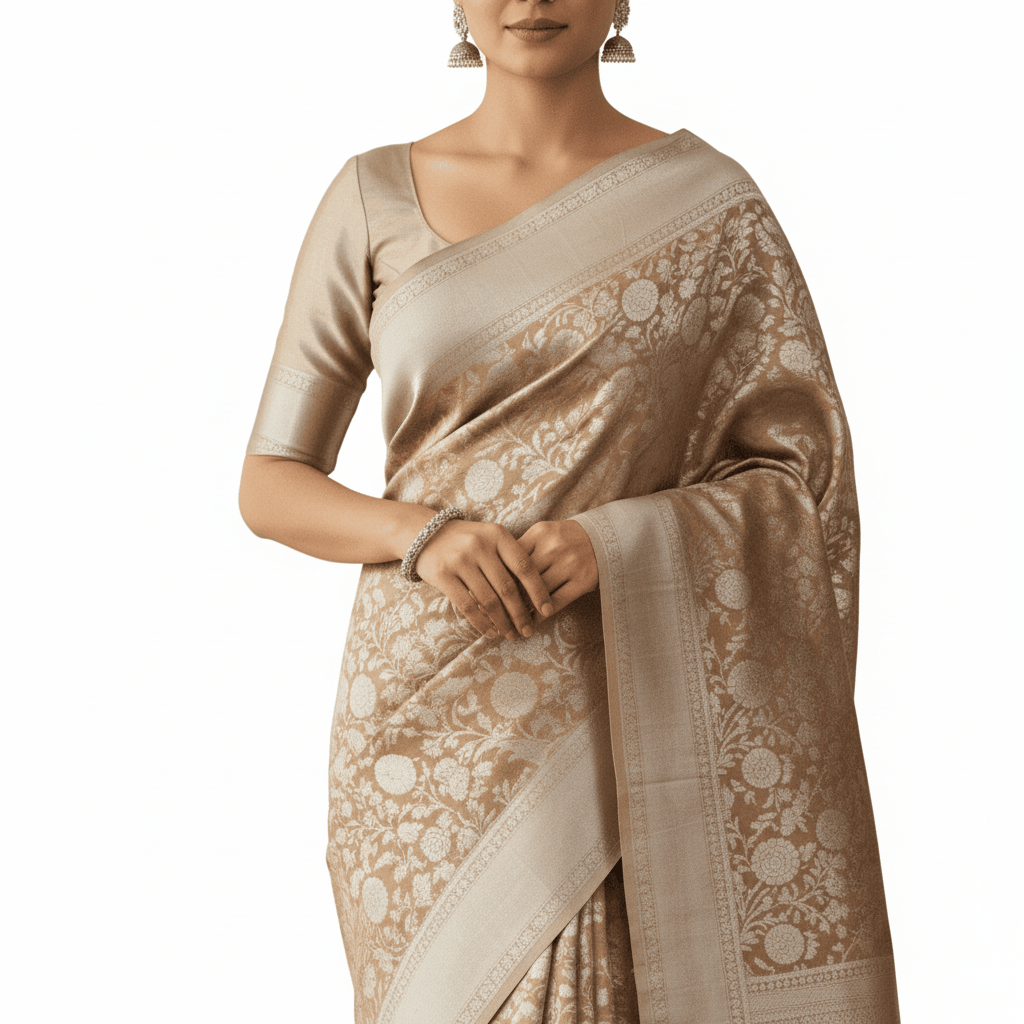 Tissue Silk Saree with Silver Zari Border for Wedding.
