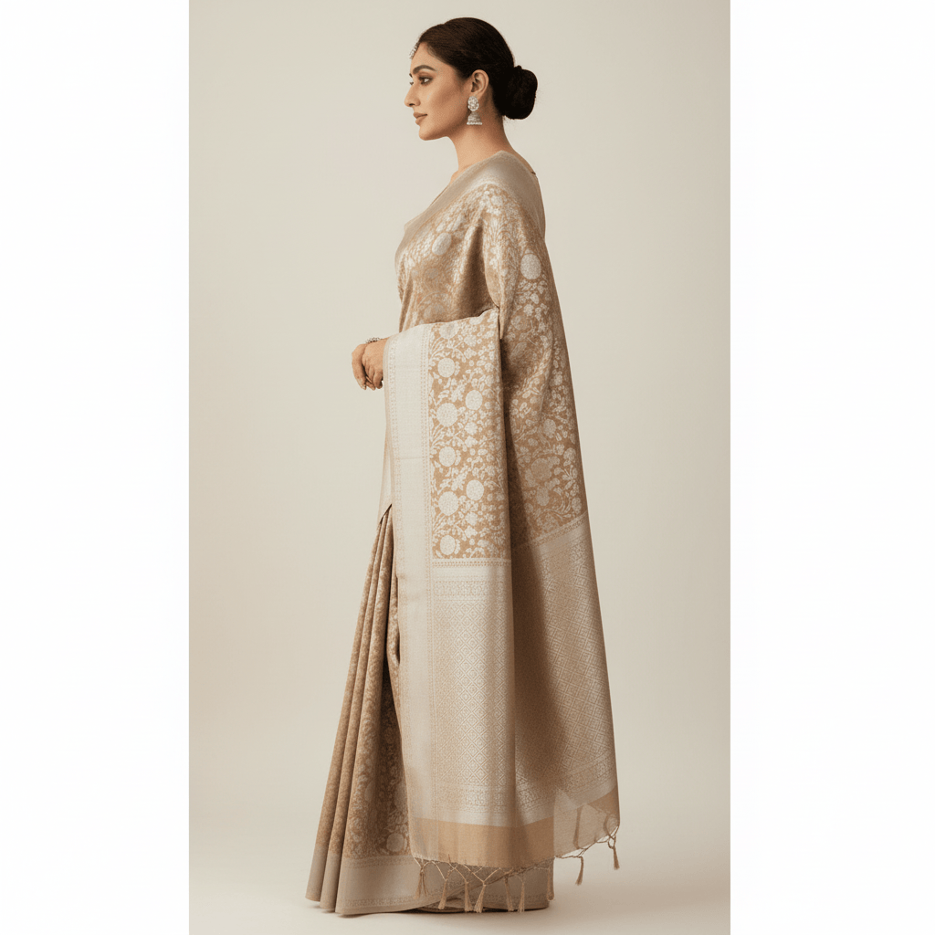 Tissue Silk Saree with Silver Zari Border for Wedding.