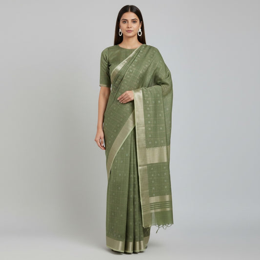 Handloom Linen Saree with Zari Border – Office & Casual Wear for Women