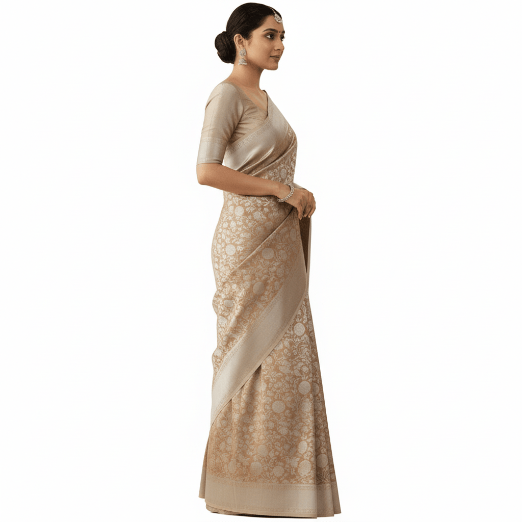 Tissue Silk Saree with Silver Zari Border for Wedding.